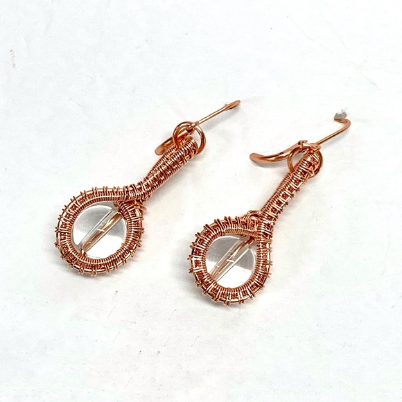 HANDMADE Clear Quartz Hand Wrapped Bare Copper Statement Dangle Earrings - Picture 1 of 10